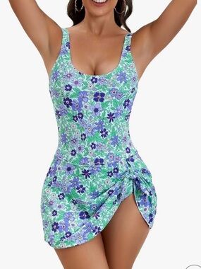 Scoop-Neck Floral One-Piece Swim Dress in Green and Purple